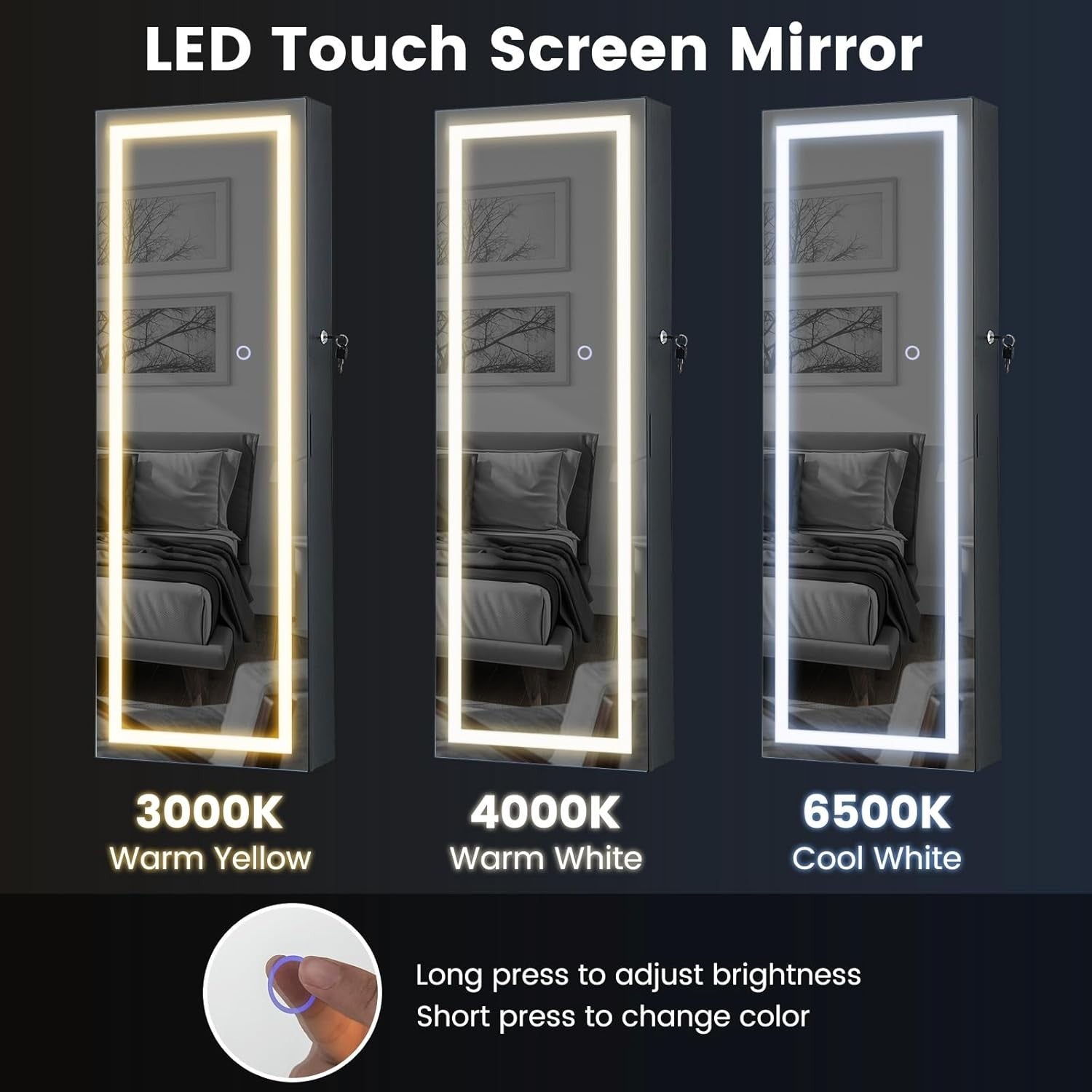LED Jewelry Armoire Wall Door Mounted Lockable Mirror Storage Black
