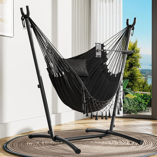 Heavy-Duty Outdoor Hammock Chair with Stand, Adjustable Phone Holder, 158x110x14