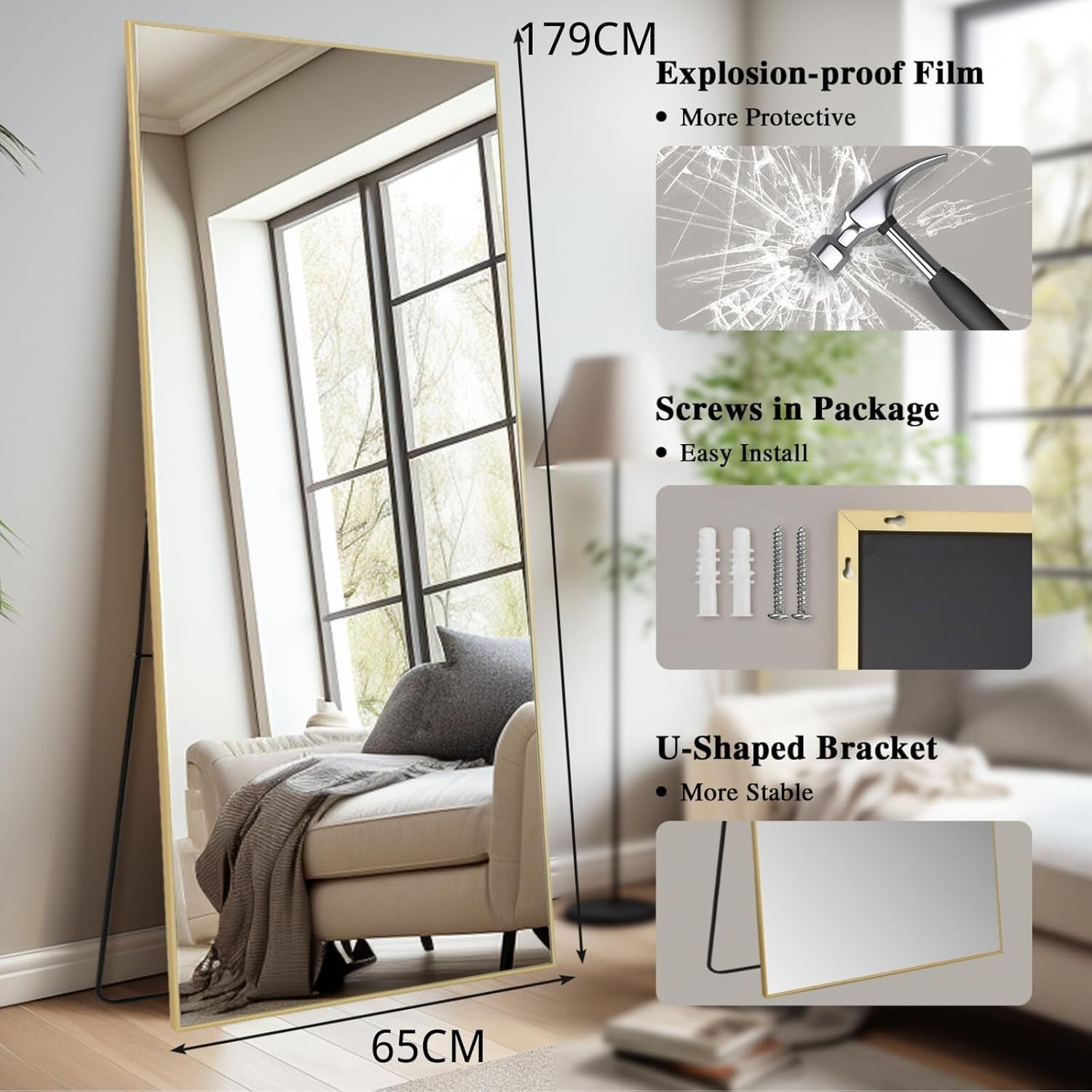 Full Length Mirror Large Gold Frame 179x65cm Wall Leaning Floor Stand