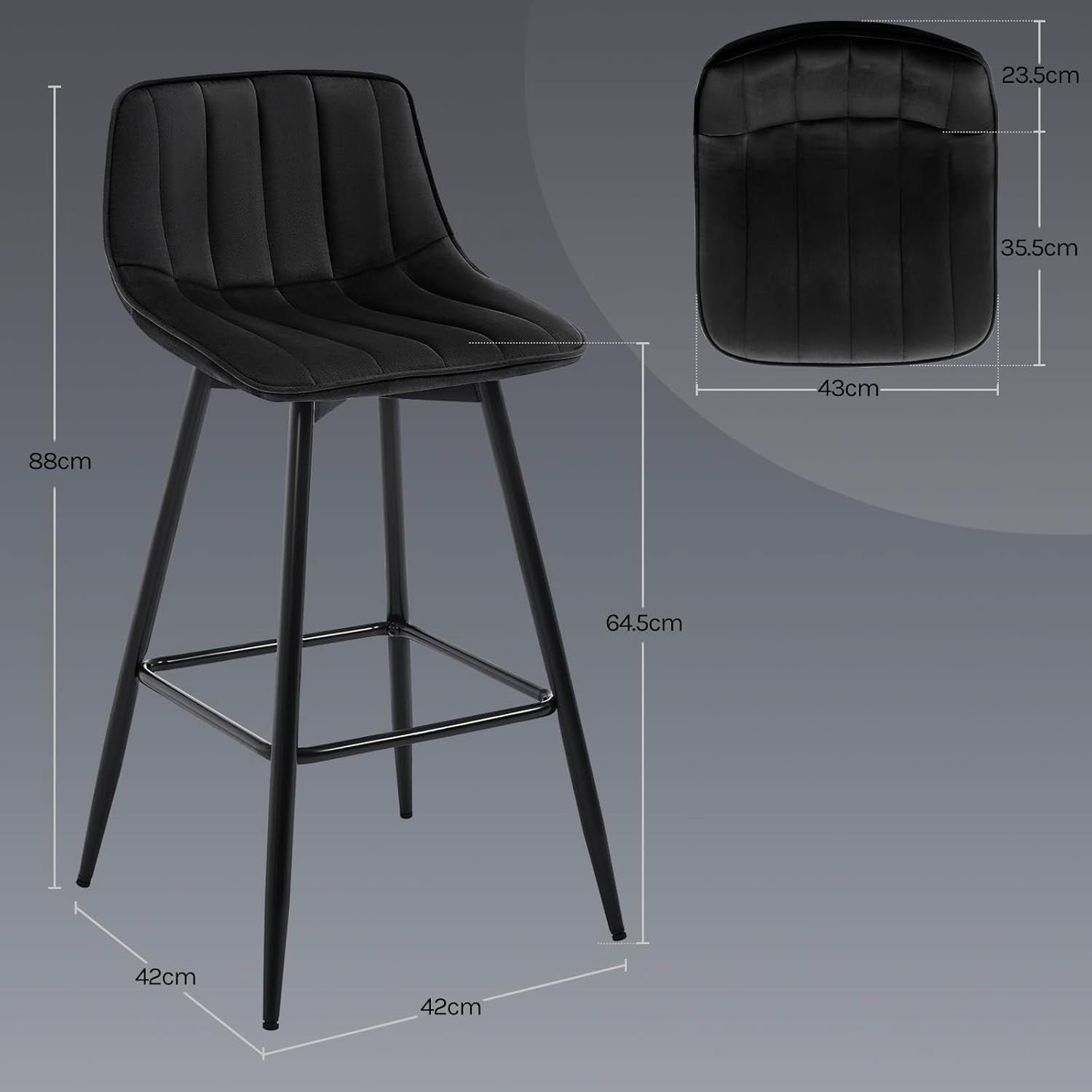 Retro Velvet Bar Stools Set of 2 Black Metal Kitchen Counter Chairs