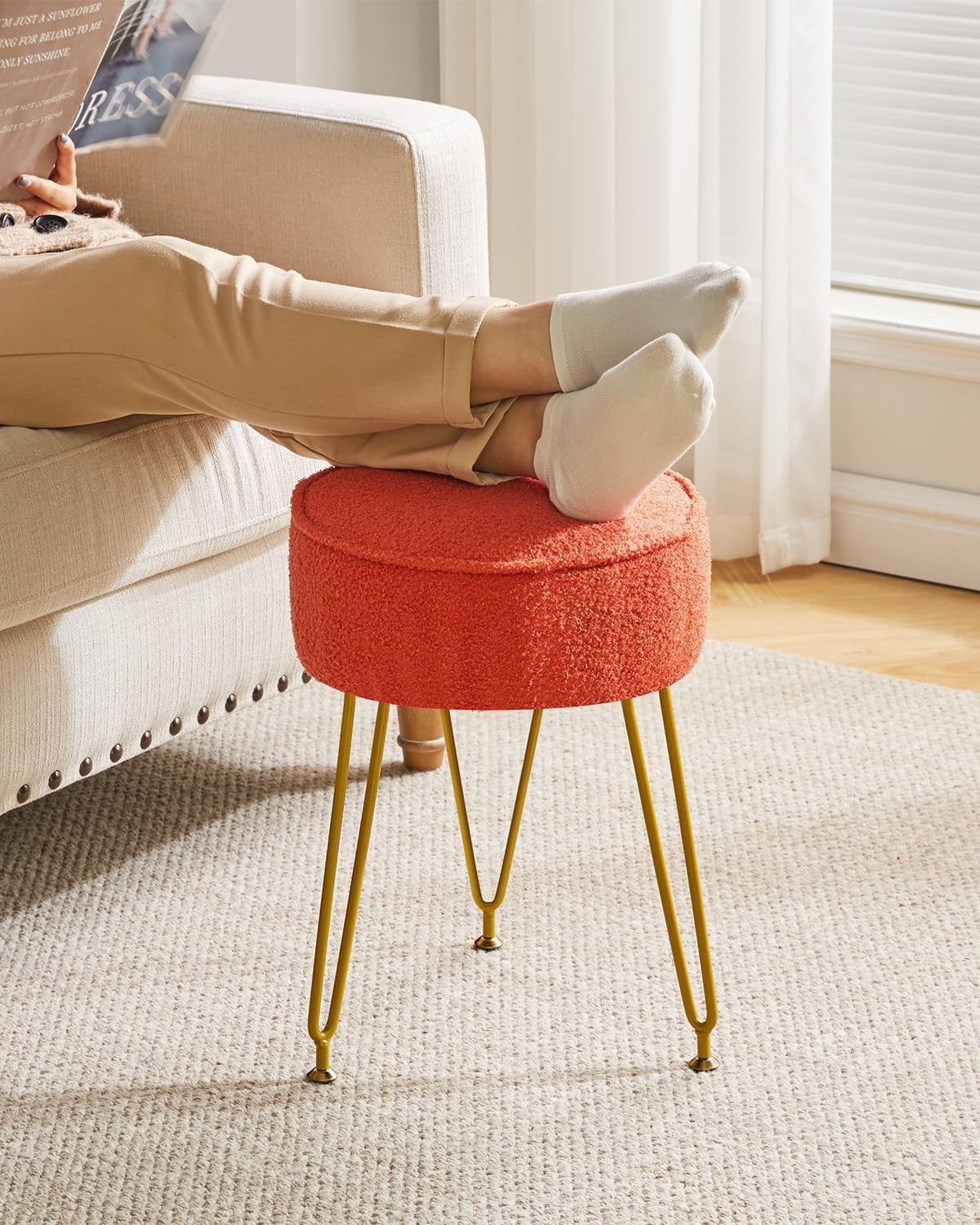 Orange Teddy Velvet Round Footrest Ottoman – Vanity Stool with Gold Legs