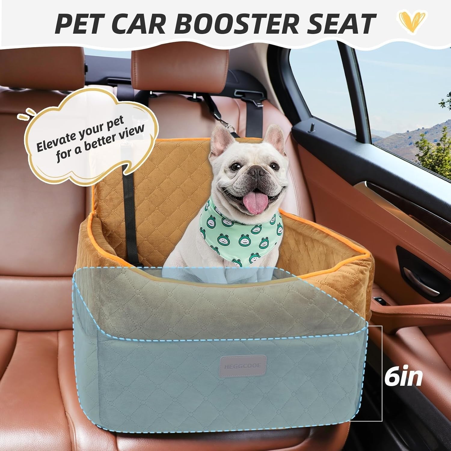 Elevated Dog Car Seat Bed Memory Foam Booster Washable 2 Safety Belts
