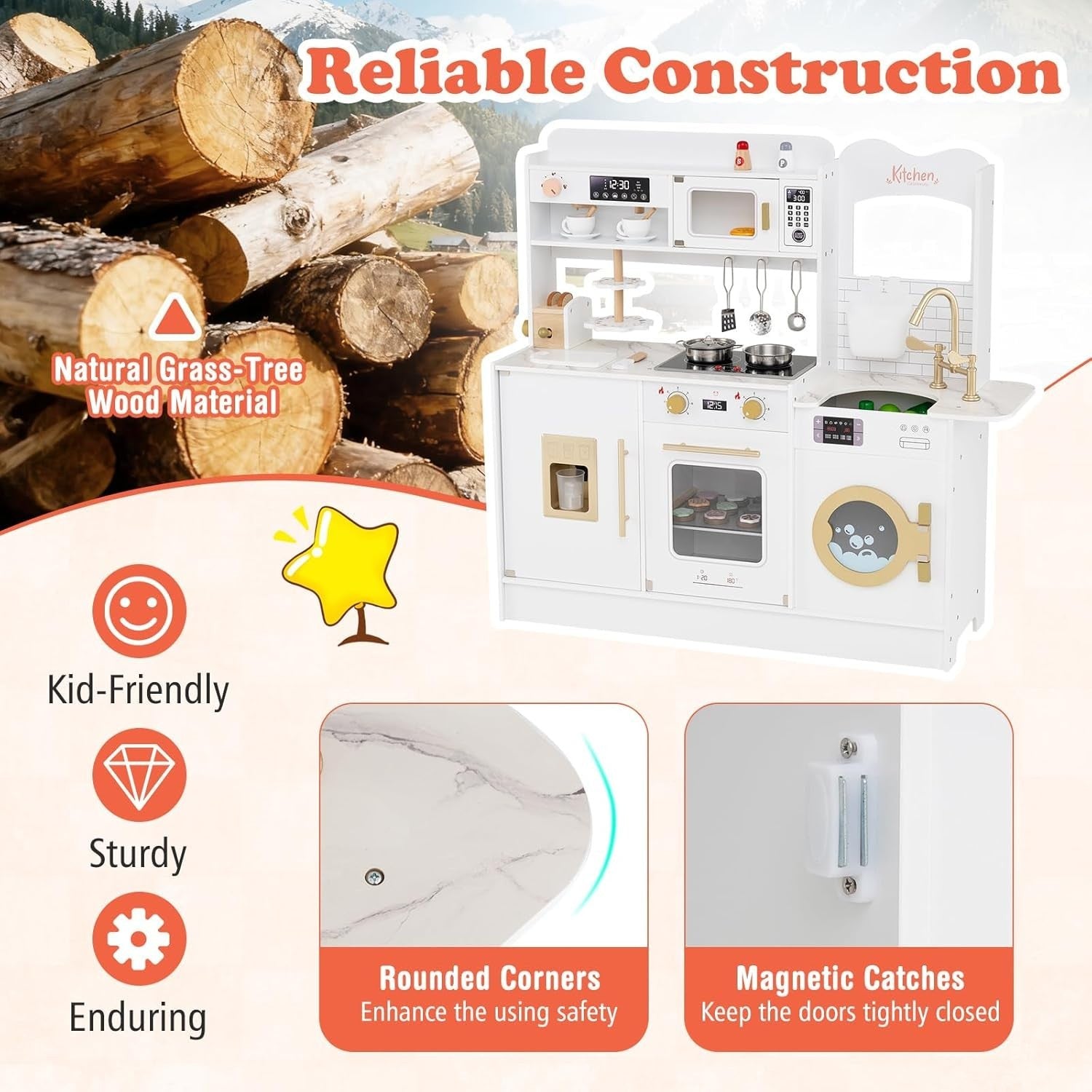 Wooden Toddler Chef Kitchen Set Lights Sounds Ice Maker Toy White