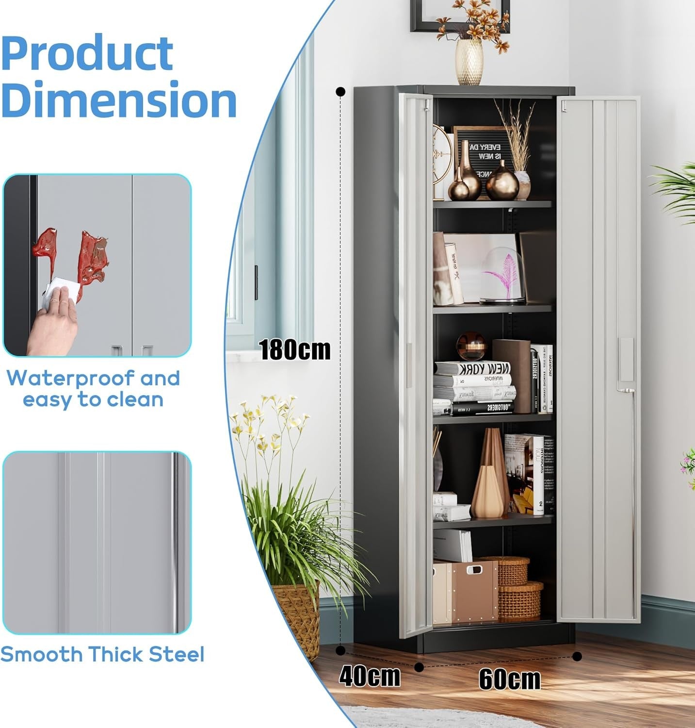 Black Grey Metal Storage Cabinet 2 Door Lockable Steel Cupboard Shelves 180cm