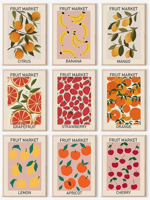 Set of 9 Fruit Market Wall Art Prints Abstract Colorful 8×10″