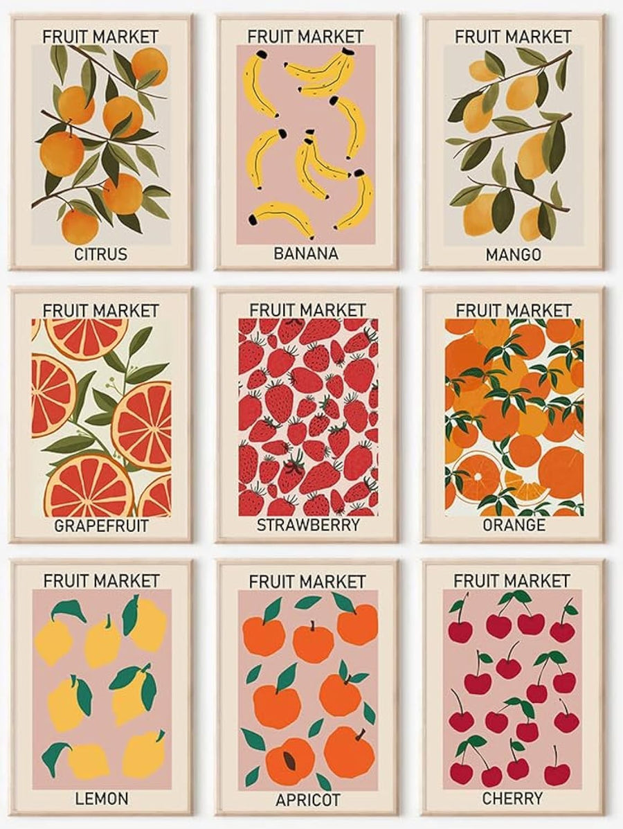Set of 9 Fruit Market Wall Art Prints Abstract Colorful 8×10″
