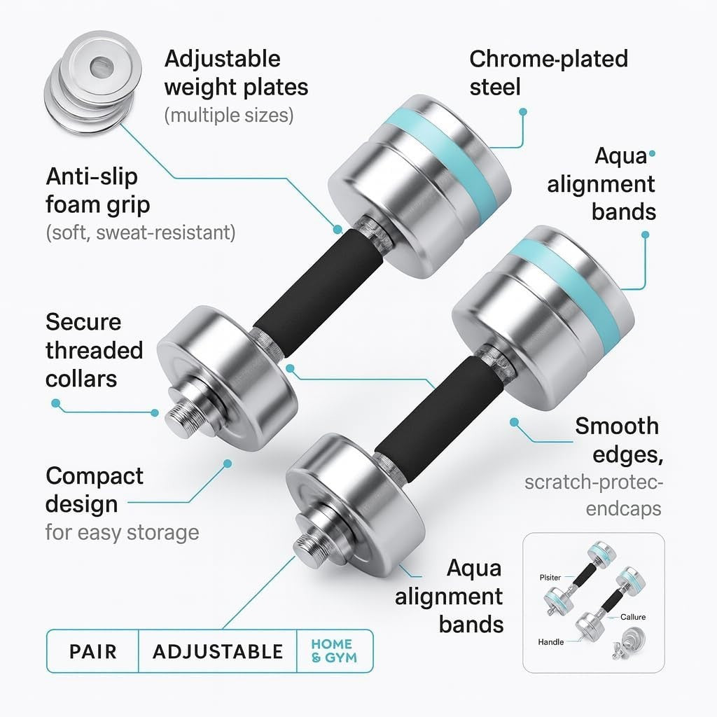 Ultracompact Adjustable Steel Dumbbells Pair Anti-Slip Chrome Home Gym