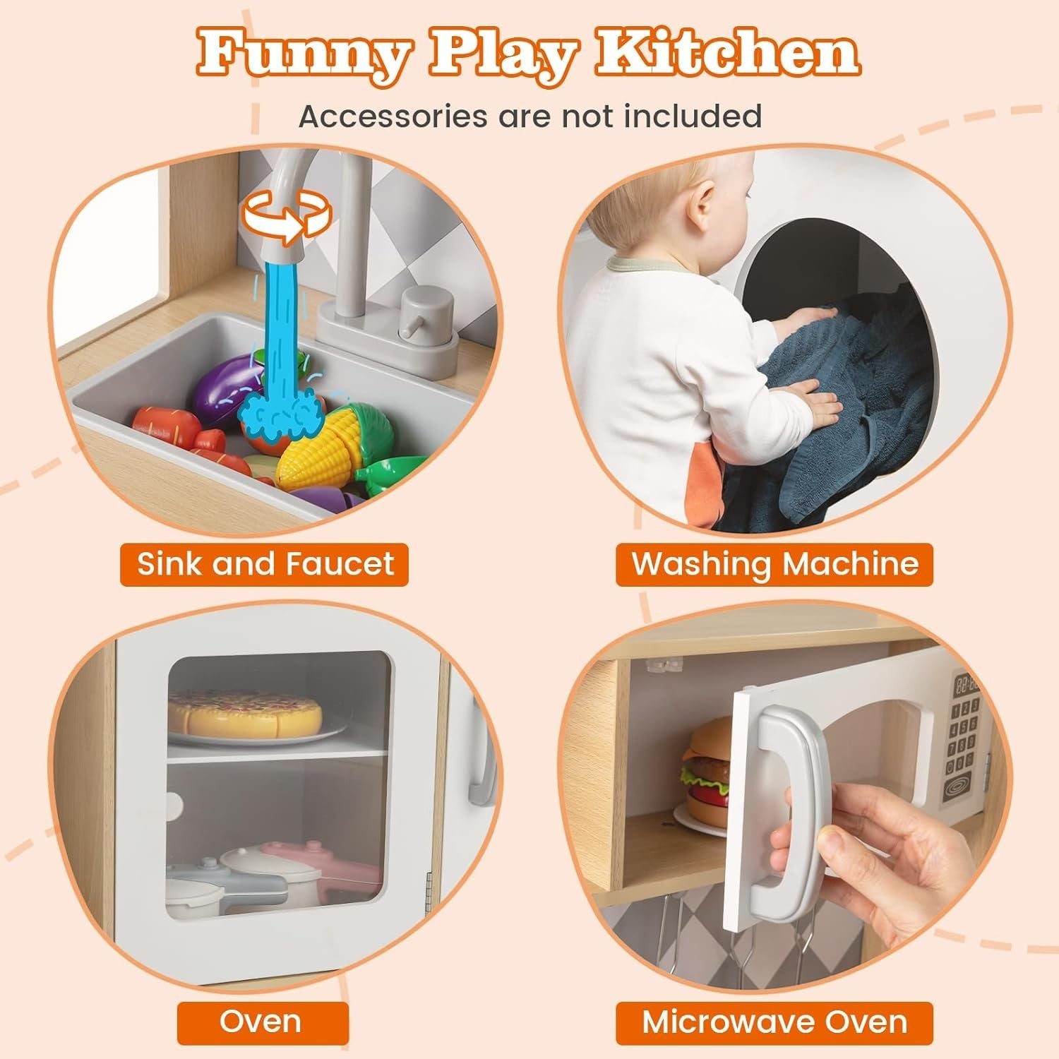 Large Wooden Kids Play Kitchen Natural White Lights Sounds Toy Set