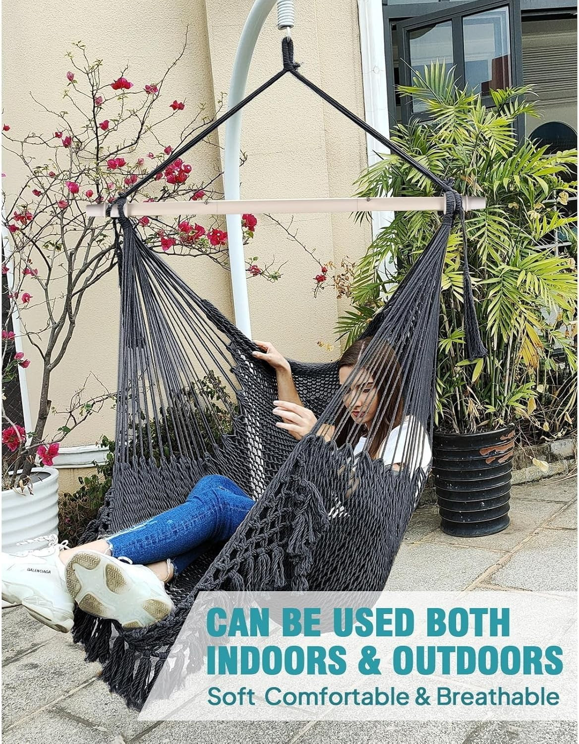 Dark Grey Hanging Hammock Chair – Cotton Mesh, Indoor Outdoor, 120kg Capacity