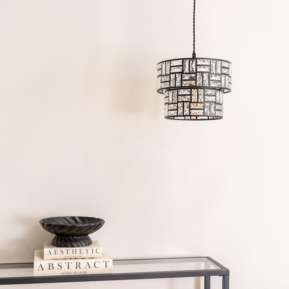 Black Drum Ceiling Lamp Shades Pair Acrylic Jewel Tiered Easy Fit 27cm