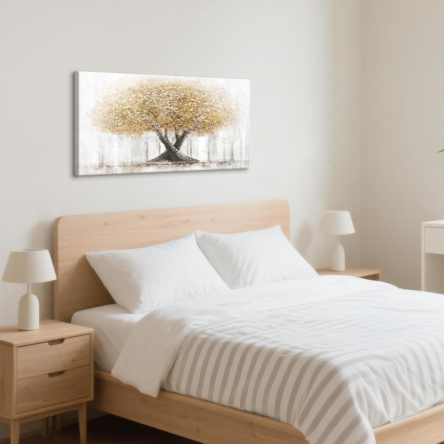 Large Beige Tree Canvas Wall Art 100x50cm Framed