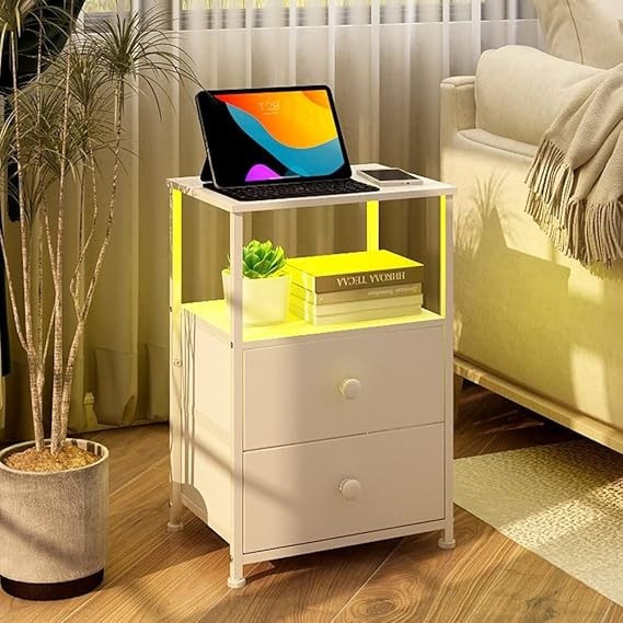 Modern LED Bedside Table with Charging Station & 2 Drawers – White Storage Unit