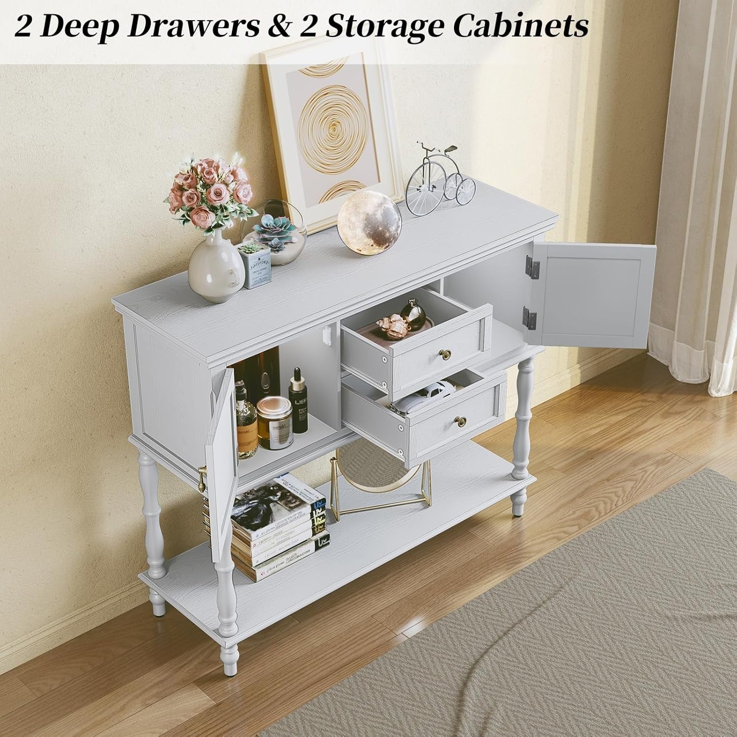 White Wooden Console Table with Drawers & Storage, Hallway Entryway, 35.5"D
