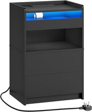 Modern LED Bedside Table with Charging Station, 3 Drawer Nightstand Black