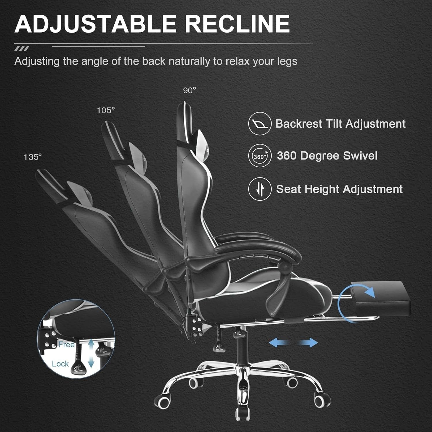 Gaming Chair White Faux Leather Recliner Footrest Massage Lumbar Support