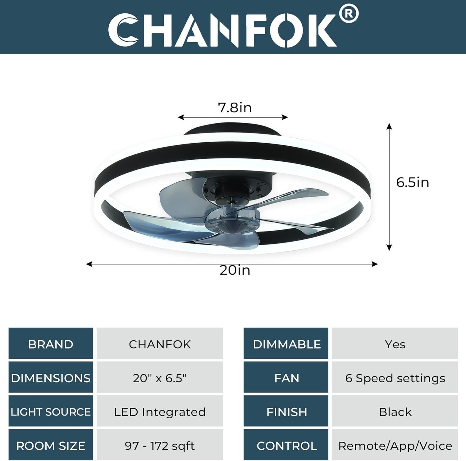 20" Smart Ceiling Fan Light, Alexa/Google, 6 Speeds, APP, Remote, Black