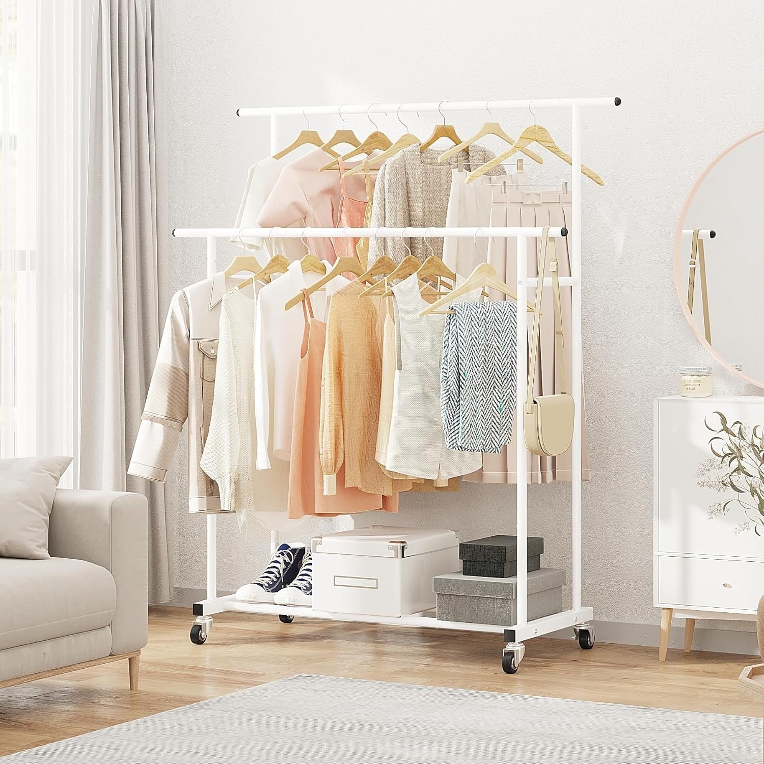 White Double Rod Clothes Rack with Wheels & Storage Shelf