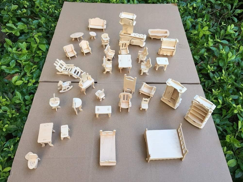 Wooden Dollhouse Furniture Set - 34 Pieces Miniature DIY Kit, Paintable