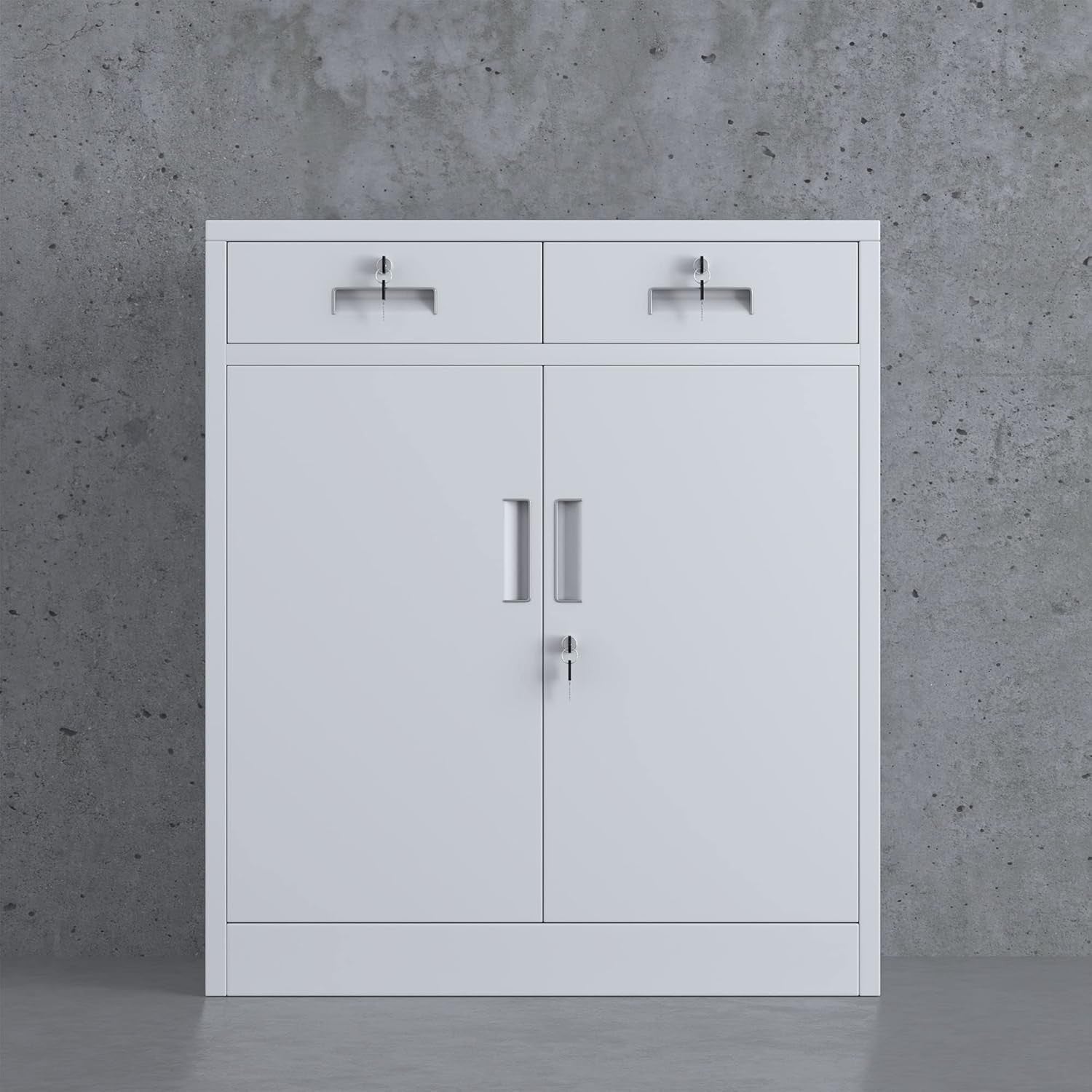 Lockable Metal Storage Cabinet White 2 Door Cupboard 2 Drawers Adjustable Shelf
