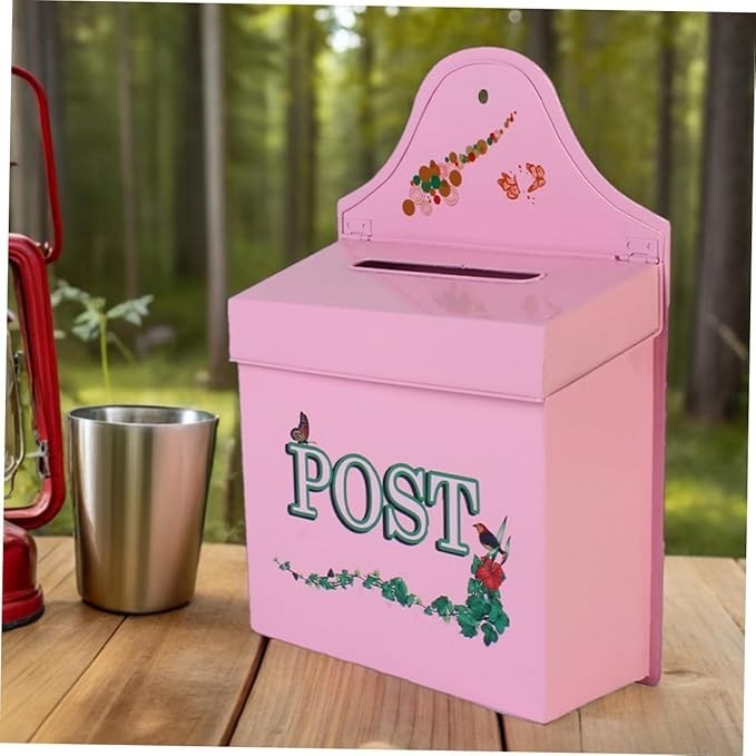 Vintage Wall Mount Mailbox Pink Metal Rustic Outdoor Weatherproof Letter Slot