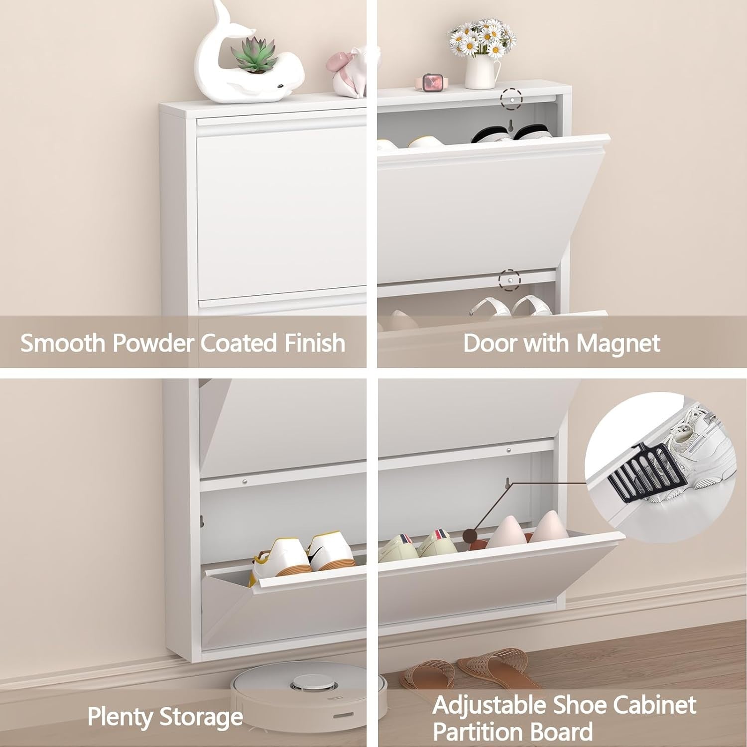 Wall Mounted Narrow Metal Shoe Cabinet 3 Flip Drawers Slim Storage