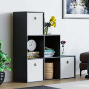 Black 6 Cube Staircase Storage Shelf + 3 White Baskets – Modern Bookcase Unit