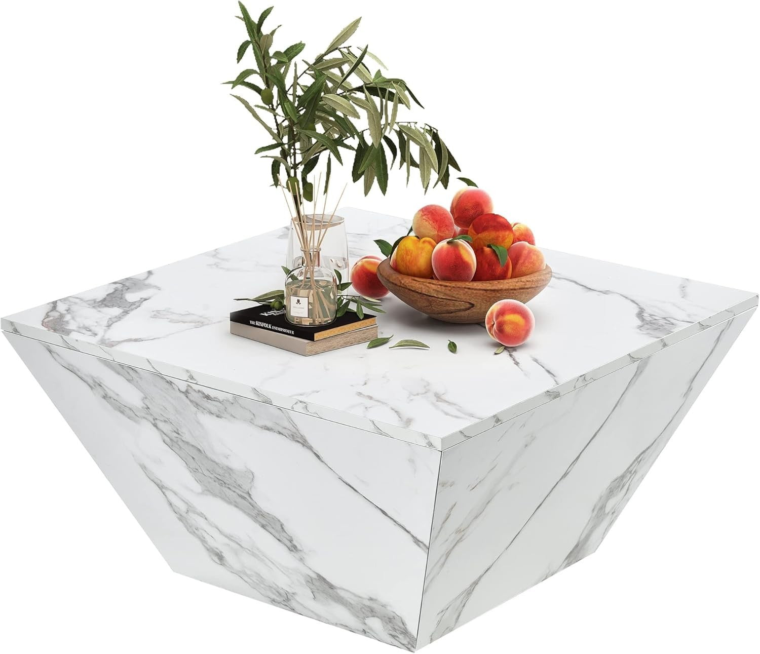 White Marble Veneer Coffee Table with Storage 70x70x36cm Square Side Table