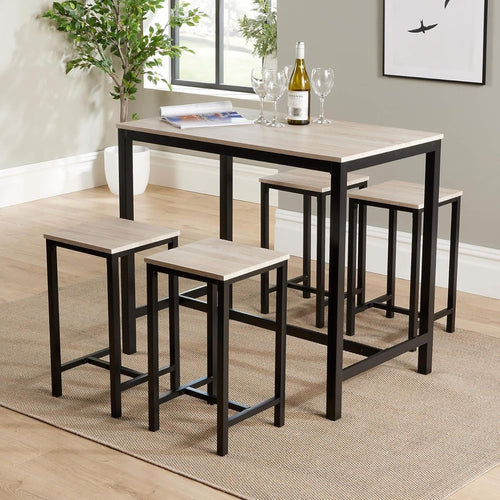 5-Piece Breakfast Bar Table & 4 Stools Set Industrial Oak Effect Dining Home