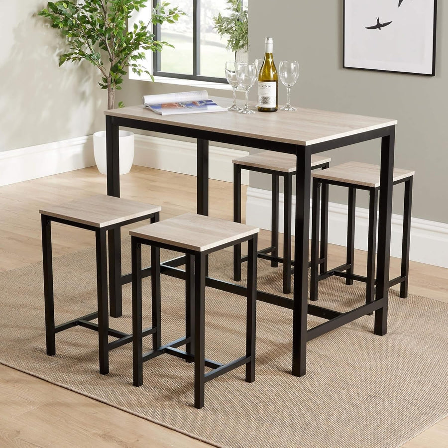 5-Piece Breakfast Bar Table & 4 Stools Set Industrial Oak Effect Dining Home