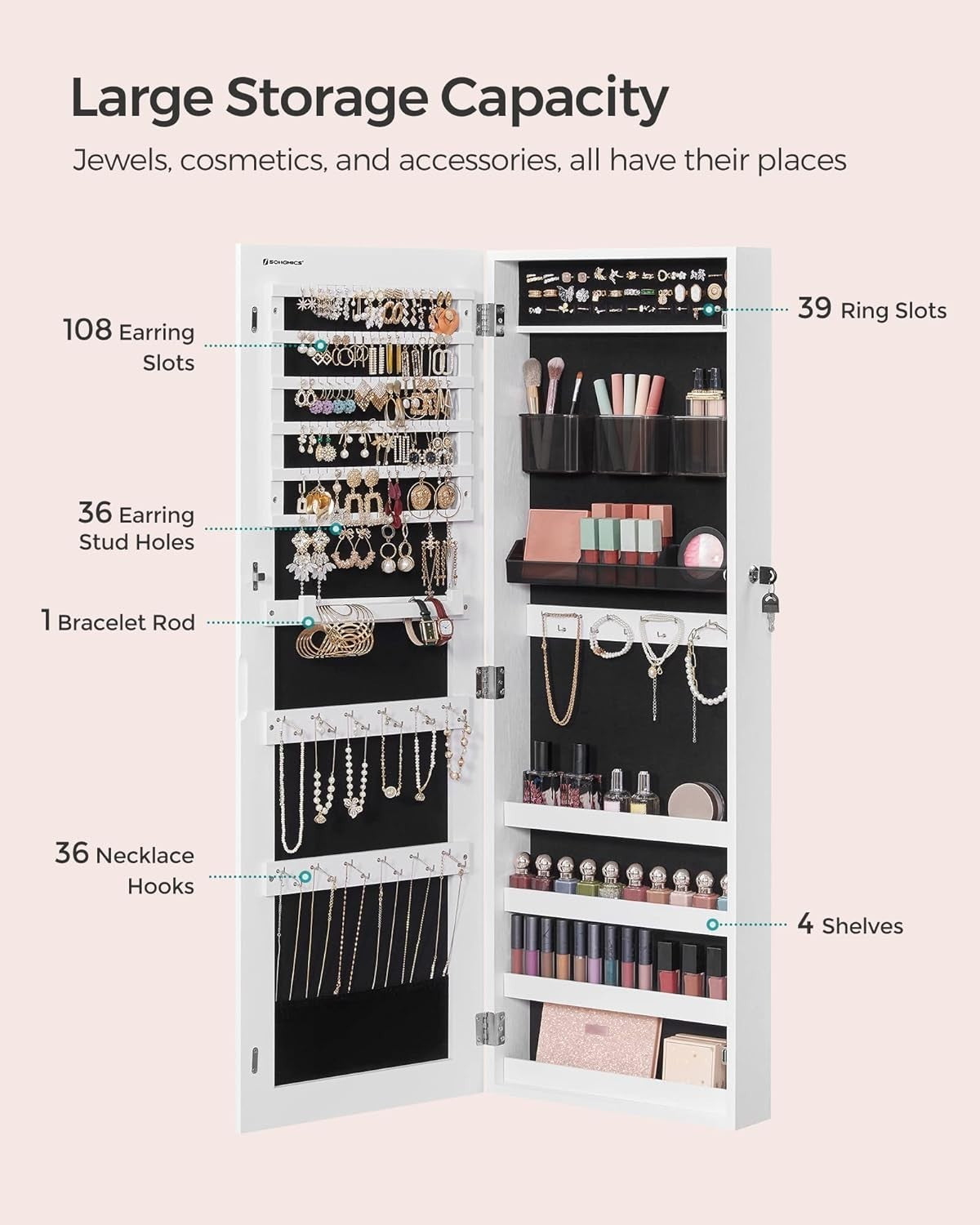 White Wall Mounted Jewelry Cabinet Mirror Lockable Hanging Storage