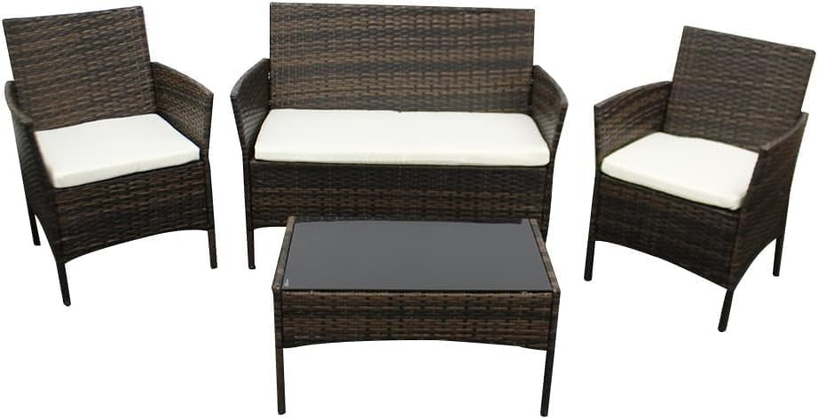 Brown 4-Piece Rattan Garden Sofa Set Outdoor Patio Table Chairs Cushions
