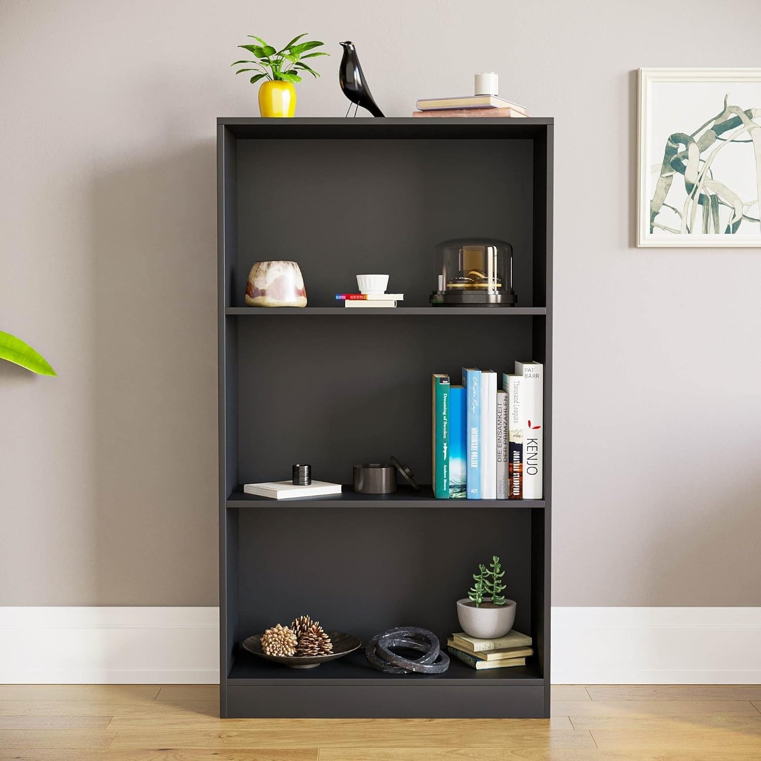 3 Tier Black Wooden Bookcase Modern Storage Display Shelf for Living Room Medium