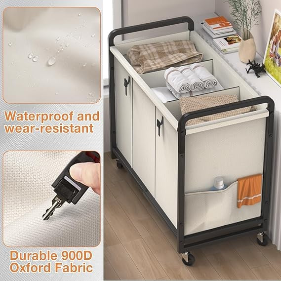 230L 3-Section Laundry Sorter Cart with Wheels & Metal Frame – White Organizer