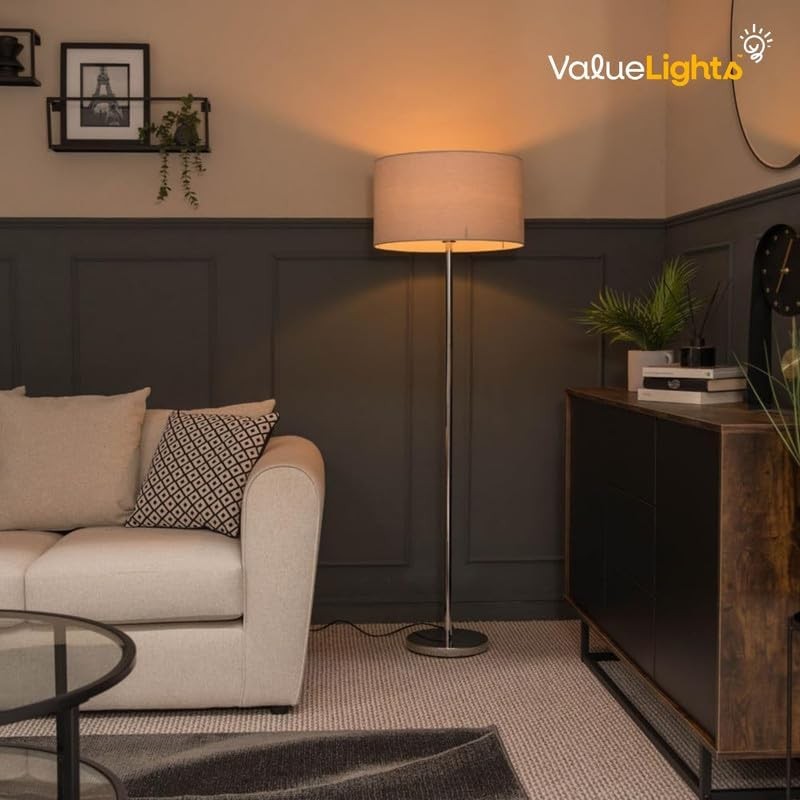 Modern Floor Lamp Chrome Standing Light Grey Drum Shade Living Room Bedroom