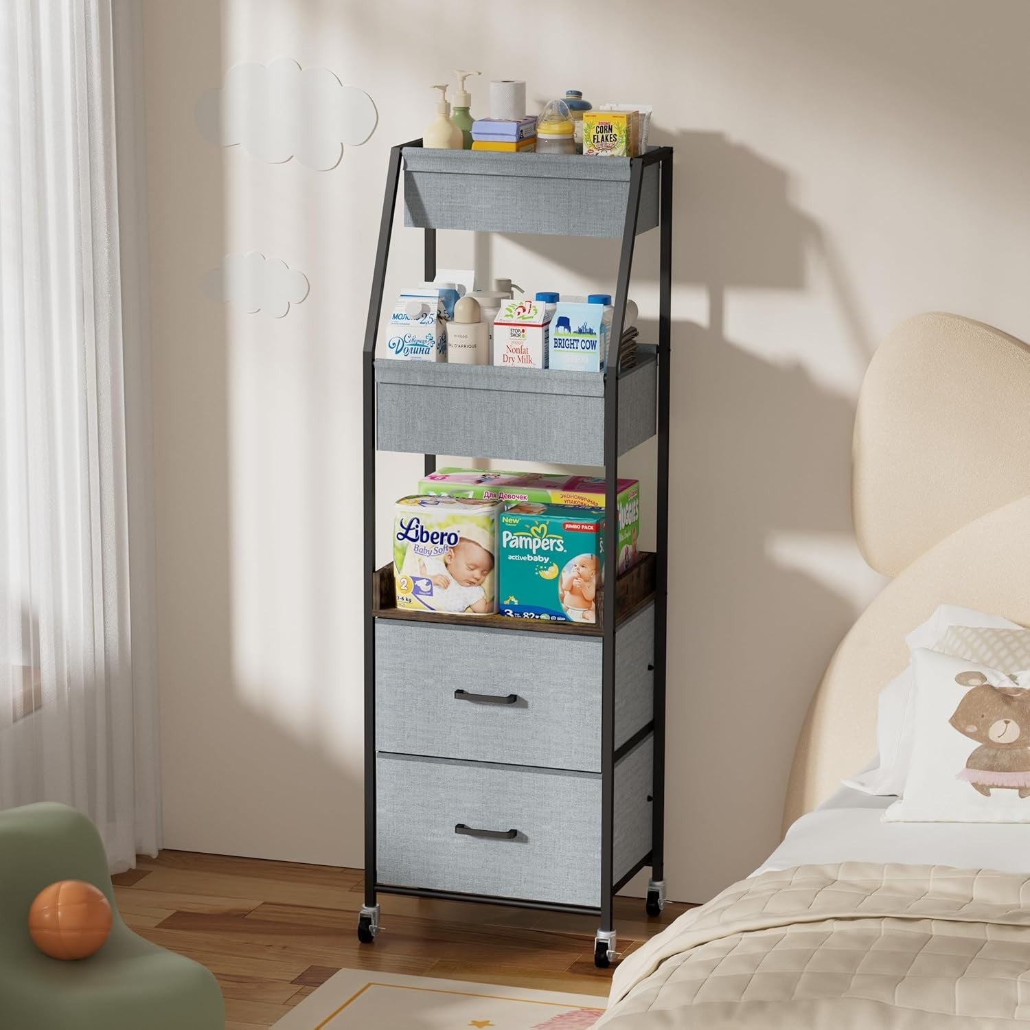5 Tier Baby Diaper Caddy Organizer Cart Nursery Trolley with Wheels