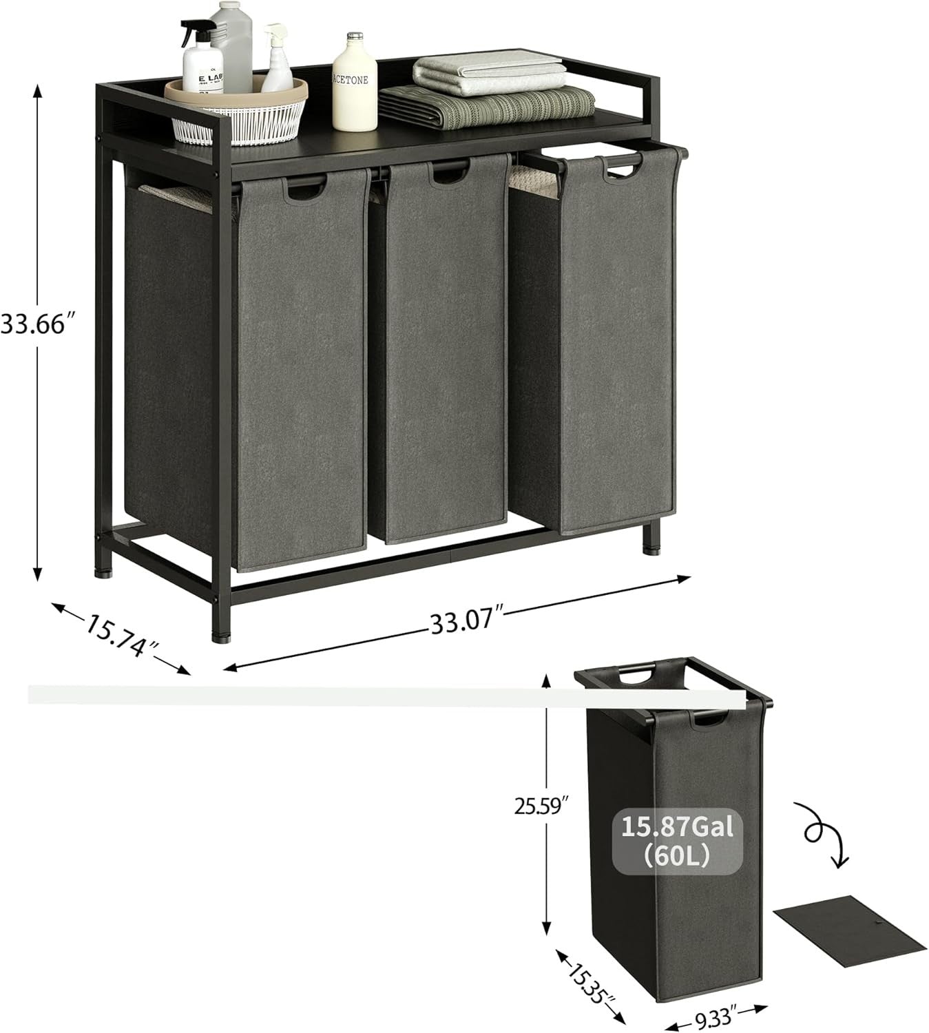 3 Section Laundry Basket with Shelf Removable Bags Wheels Black Grey 180L