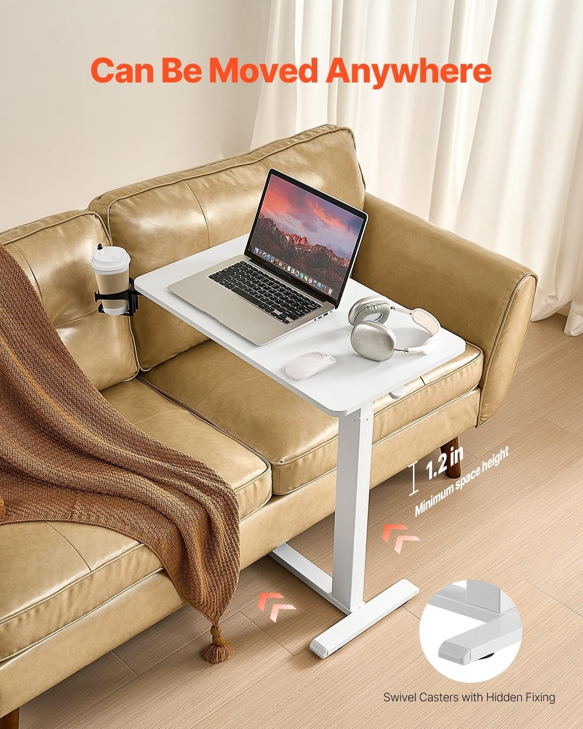 Overbed Laptop Table Height Adjustable Rolling Desk with Wheels Cup Holder