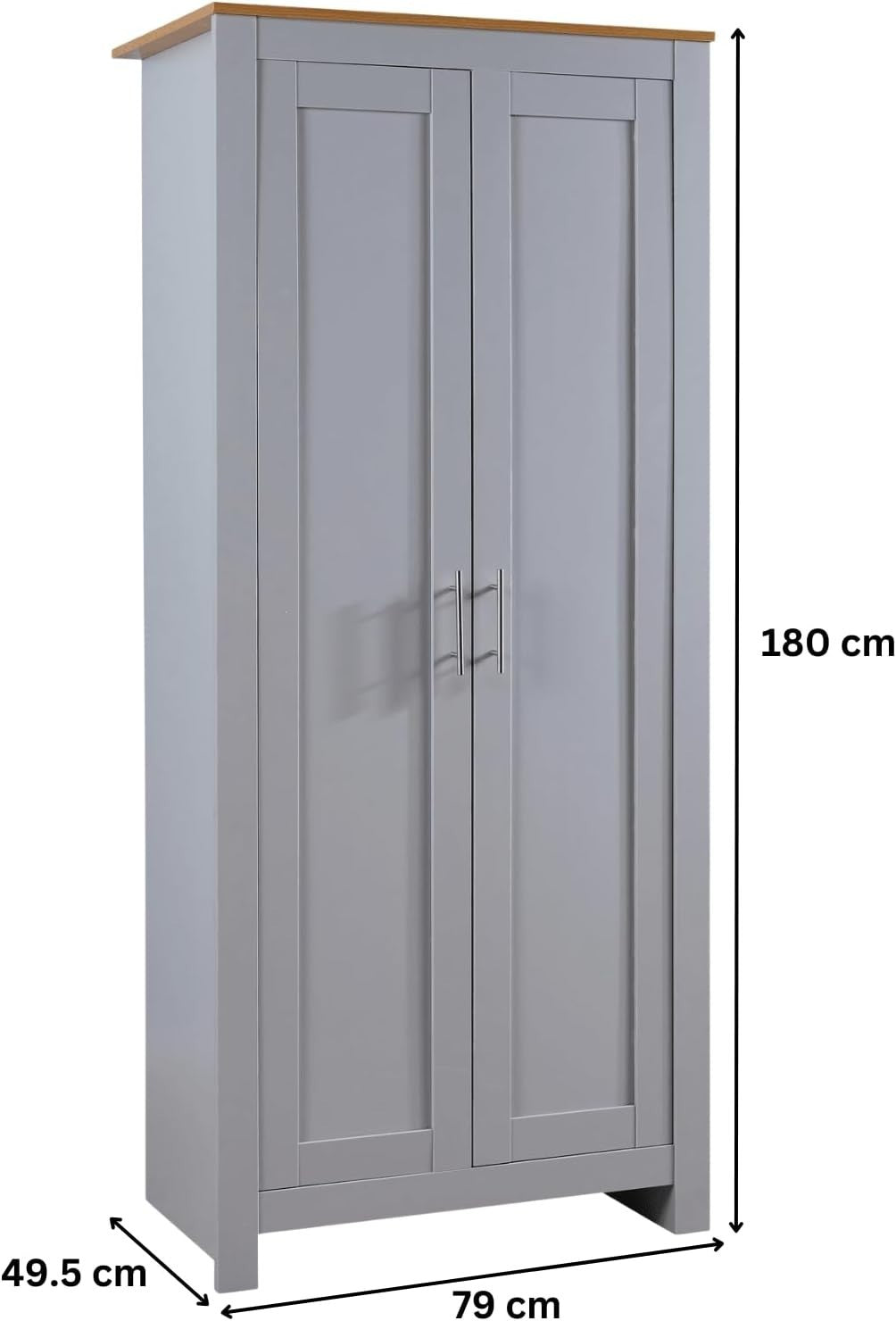 Slim 2 Door Grey Wardrobe with Hanging Rail & Oak Top Storage Shelf