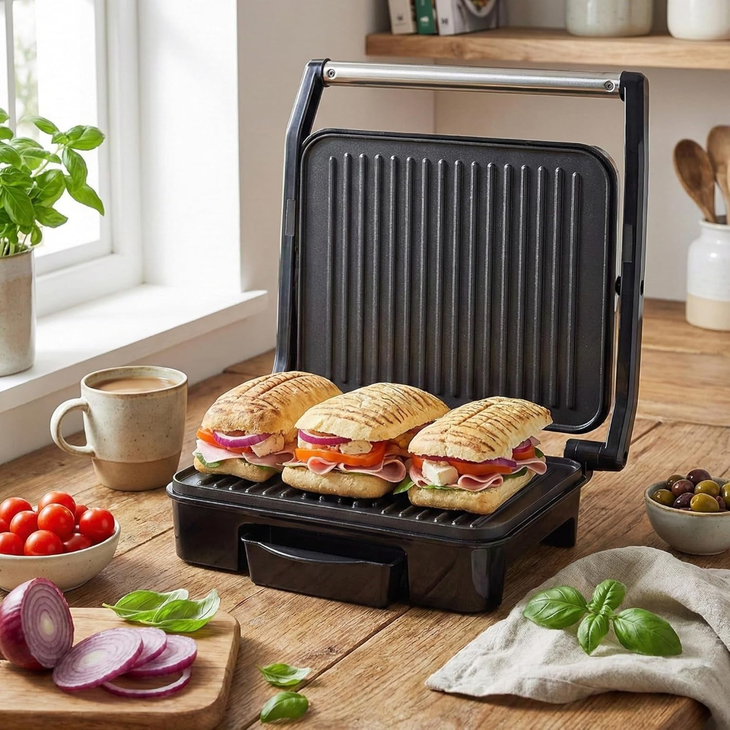 2000W Panini Press Grill 33cm Non Stick Plates Temp Control