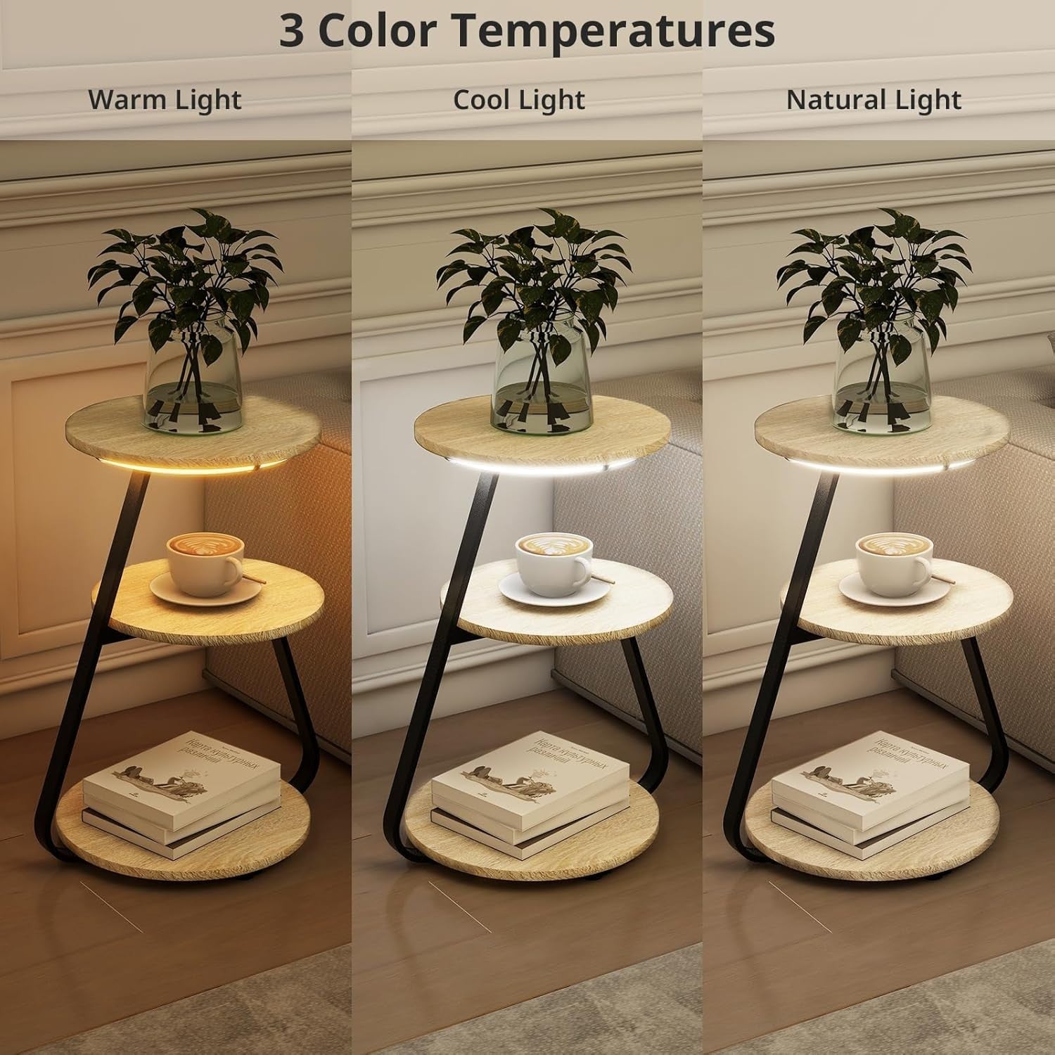 Oak LED Side Table Set – 3-Tier Bedside Coffee Tables with Storage
