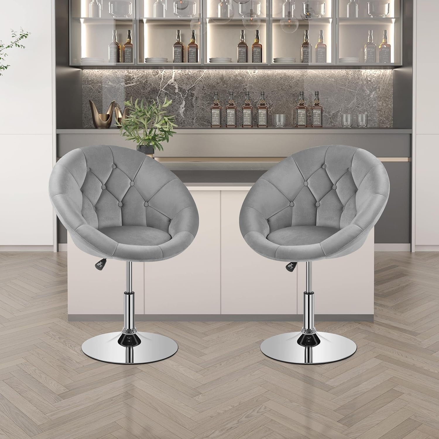 Grey Velvet Swivel Vanity Chair Adjustable Tufted Armchair for Makeup Room