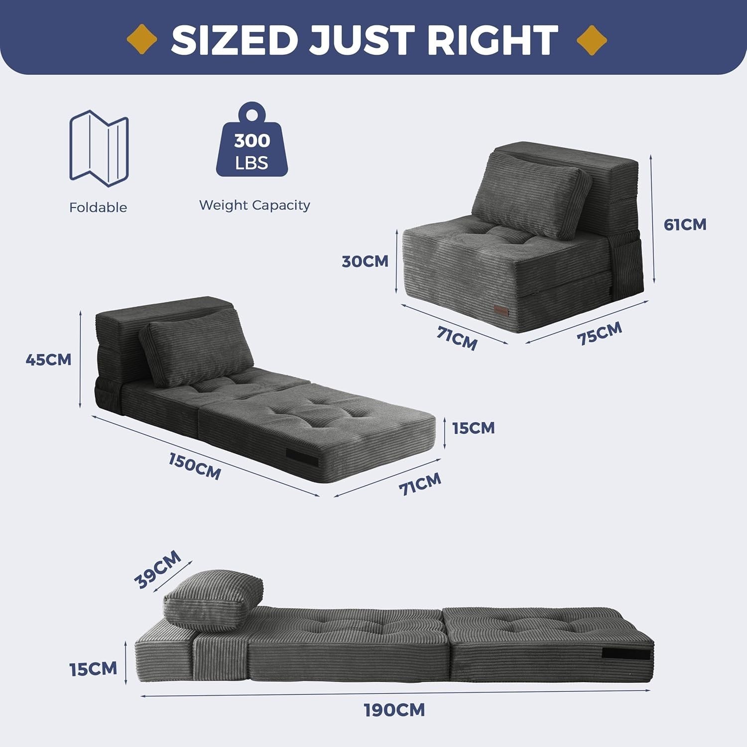 Tri-Fold Folding Sofa Bed Chair Futon Single Z Bed Foam Mattress Lounge