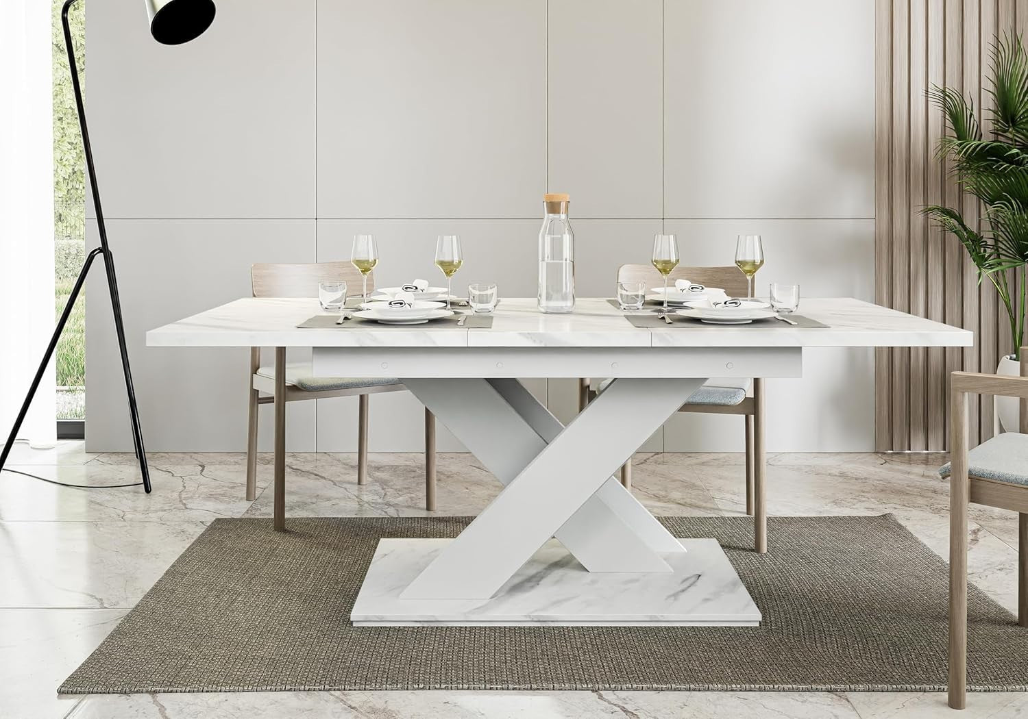 White Marble Gloss Extendable Dining Table 140–180cm Space Saving