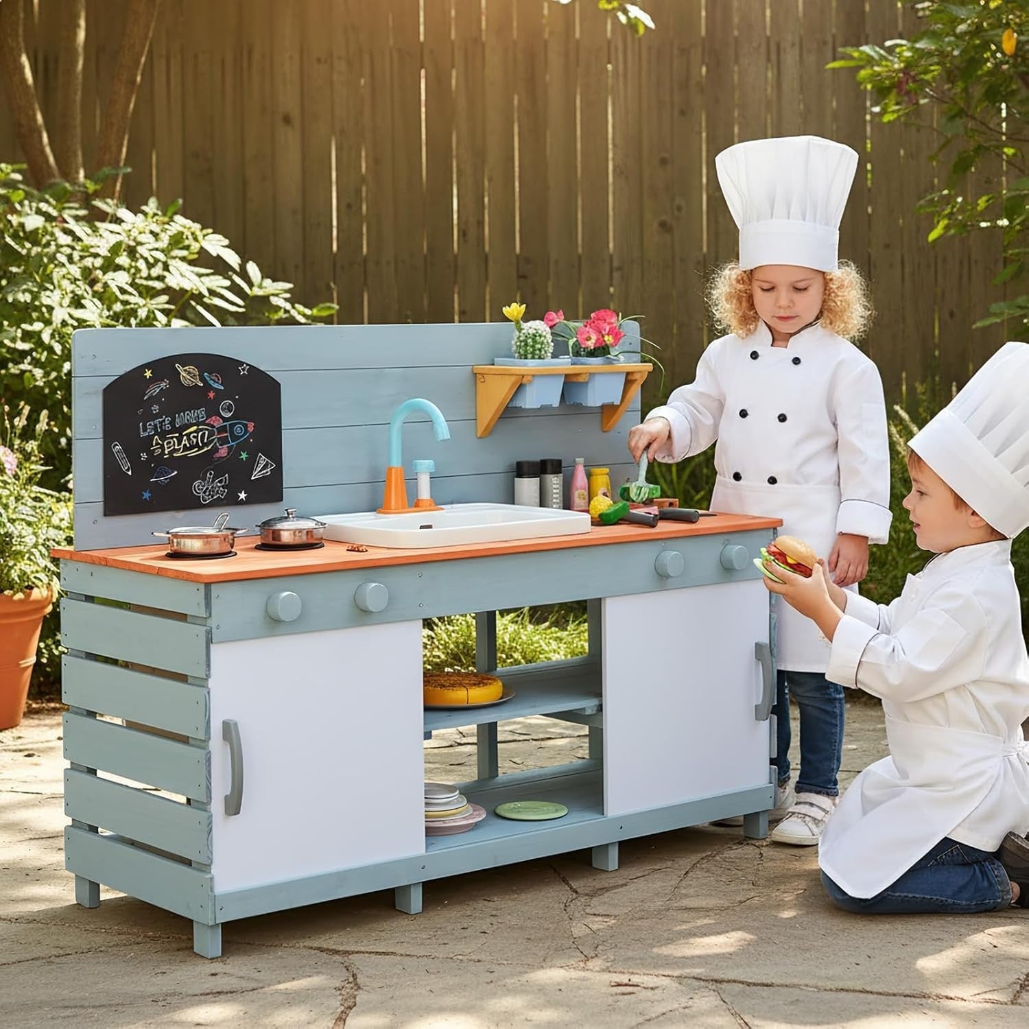 Outdoor Kids Mud Kitchen Wooden Playset Sink Stoves Chalkboard 3-8