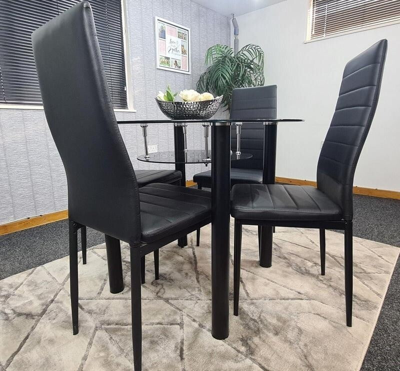 Round Glass Dining Table Set with 4 Faux Leather Chairs Black Modern