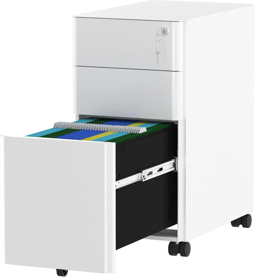 White 3 Drawer Metal File Cabinet 30x46x59cm Mobile Lockable