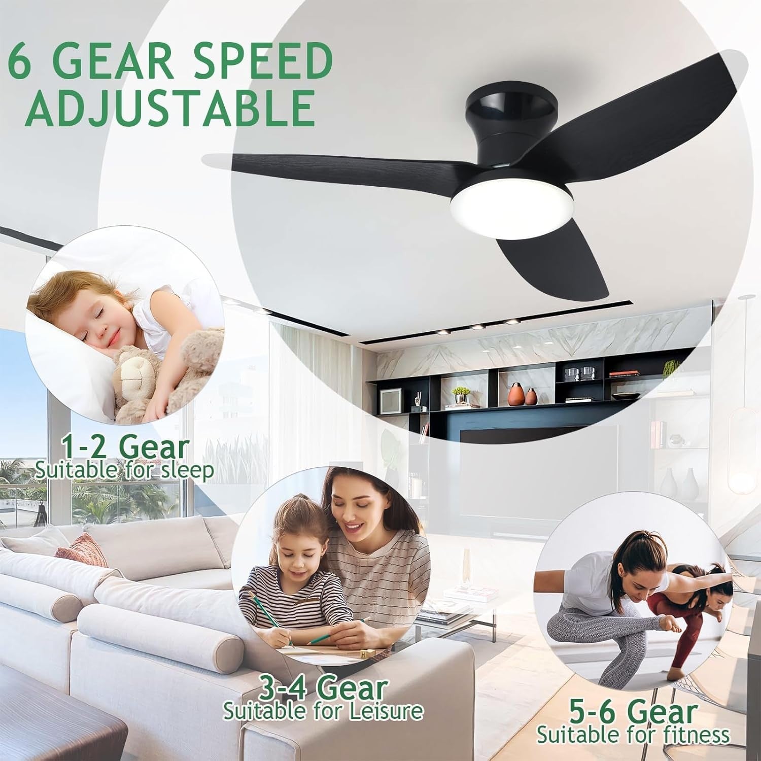 Lrenjon 100CM Ceiling Fan Light, 6-Speed Silent LED – Black Finish