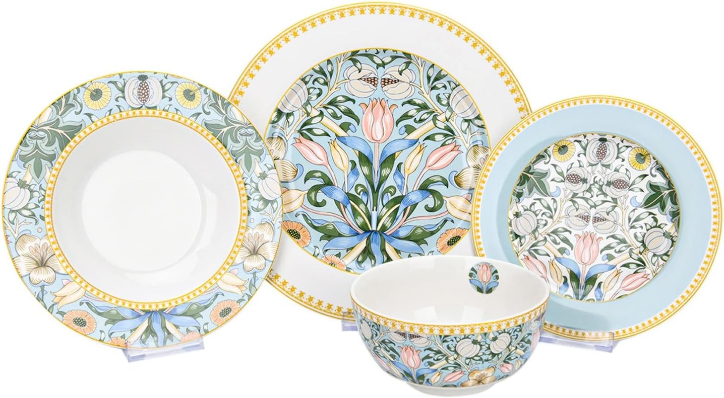 24pc Bone China Dinner Set Tropical Plates Bowls Mugs Gift Box Service for 6