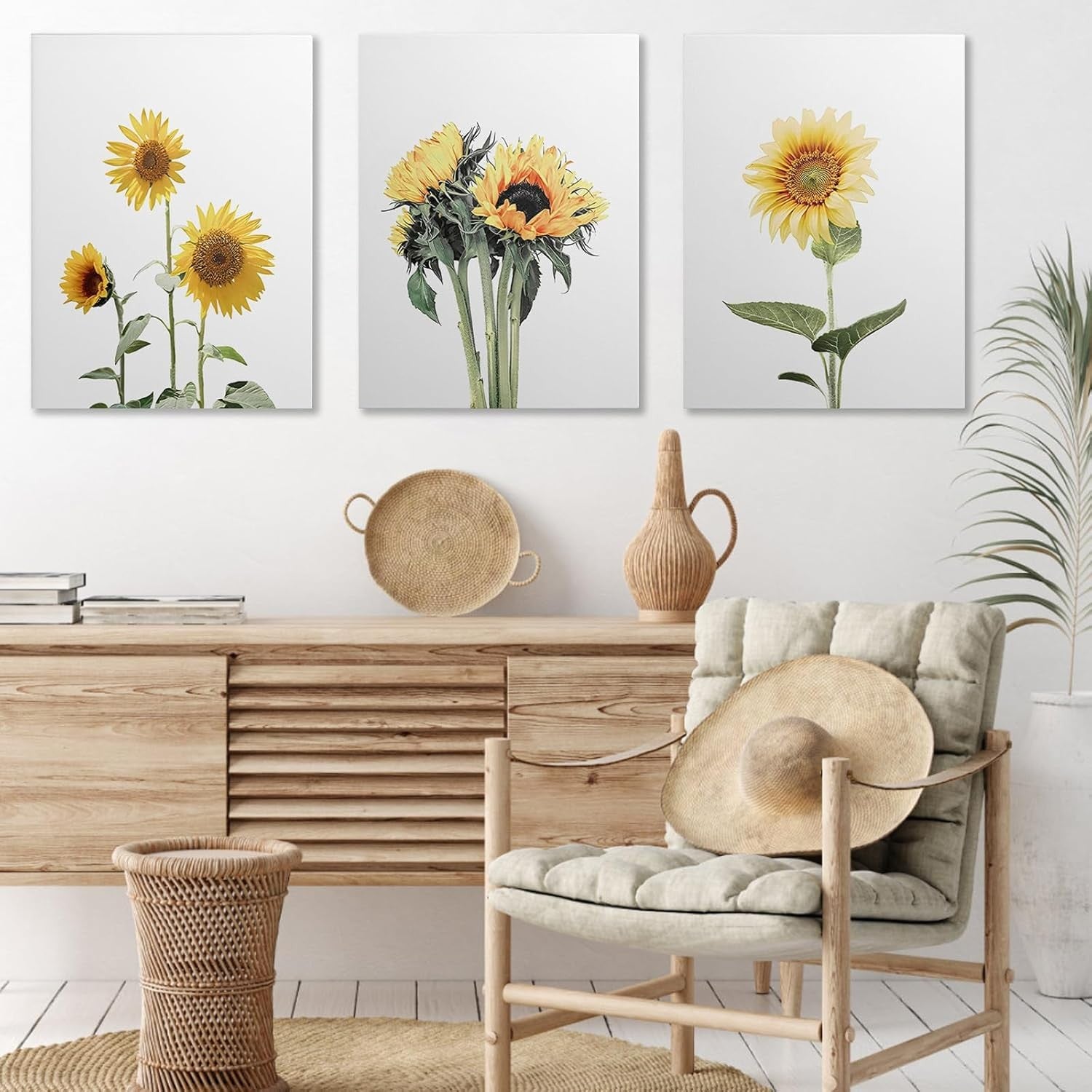 Sunflower Canvas Wall Art Set of 3 Framed 30x40cm Ready to Hang
