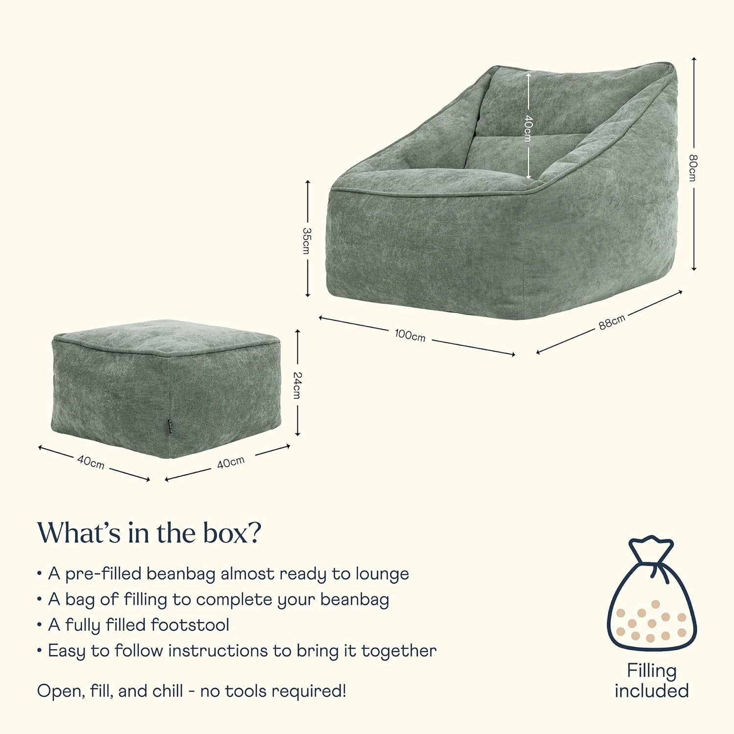 Adult Bean Bag Chair with Footstool Sage Green Comfy Armchair Set Lounge